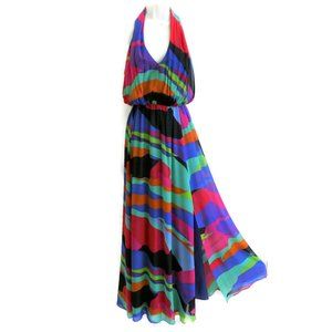 Muse Maxi Dress Bold Flowy Halter Geo Lined Back Zipper 12